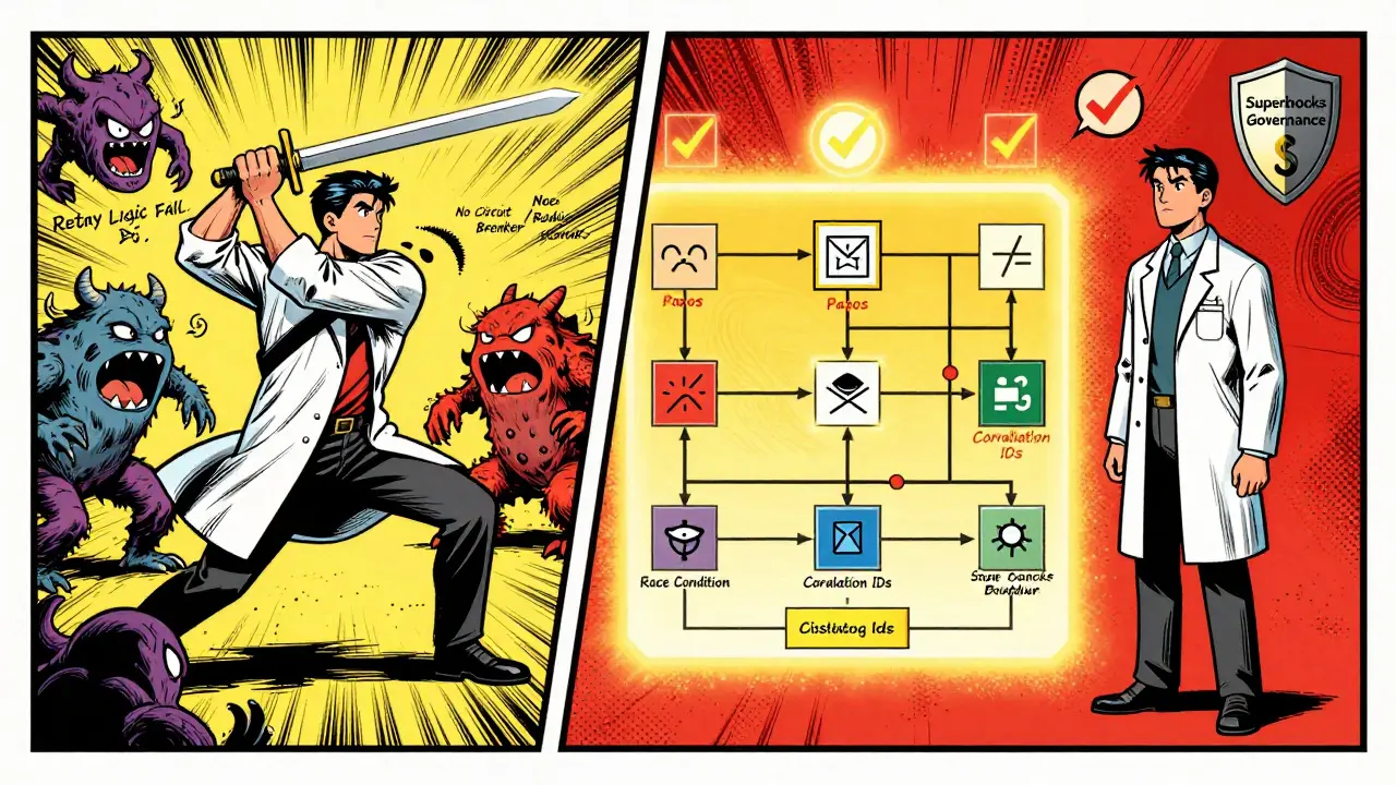 Hero developer fighting distributed system failures with a vibe coding sword beside a stable system.