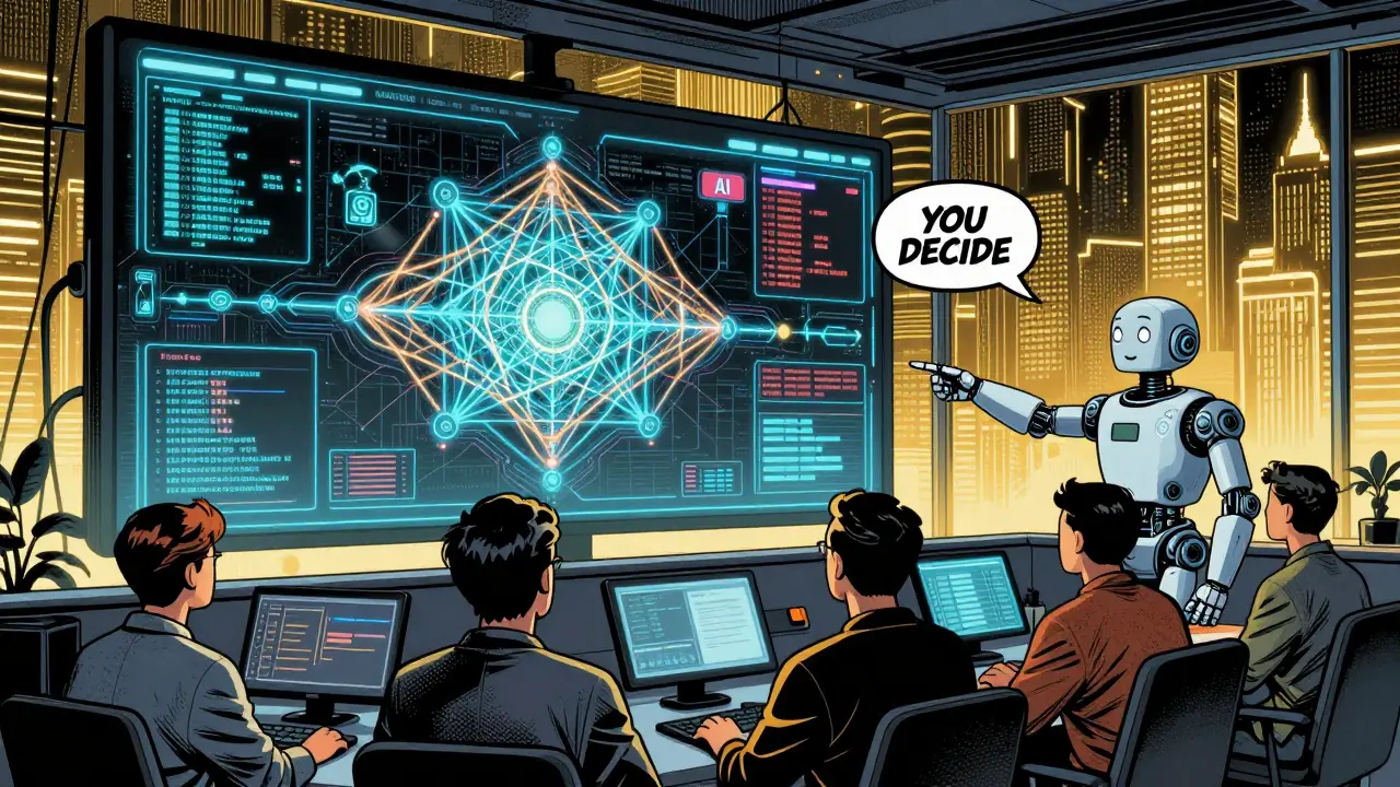 Team watches a live distributed system map while an AI co-pilot points to a critical alert.