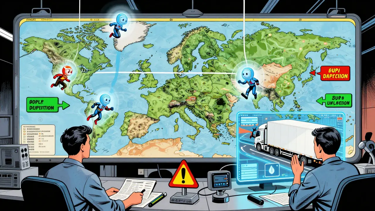 AI agents simulate supply chain disruptions on glowing maps in a futuristic control room