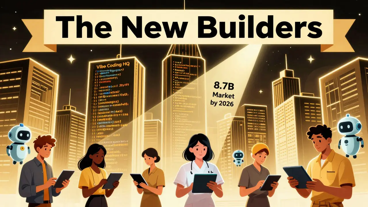City of code buildings with diverse people building apps via AI, banner reads 'The New Builders'.
