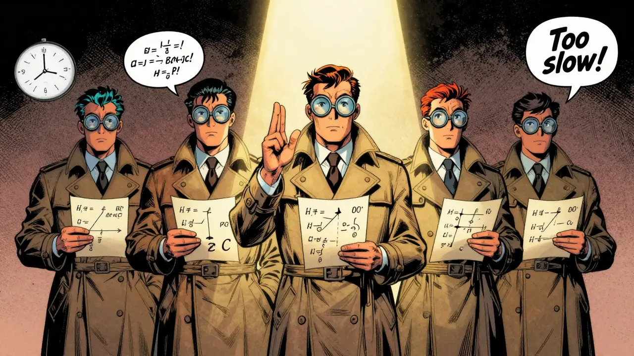 Five AI jurors voting on reasoning paths, with one skeptical figure and a spinning clock.