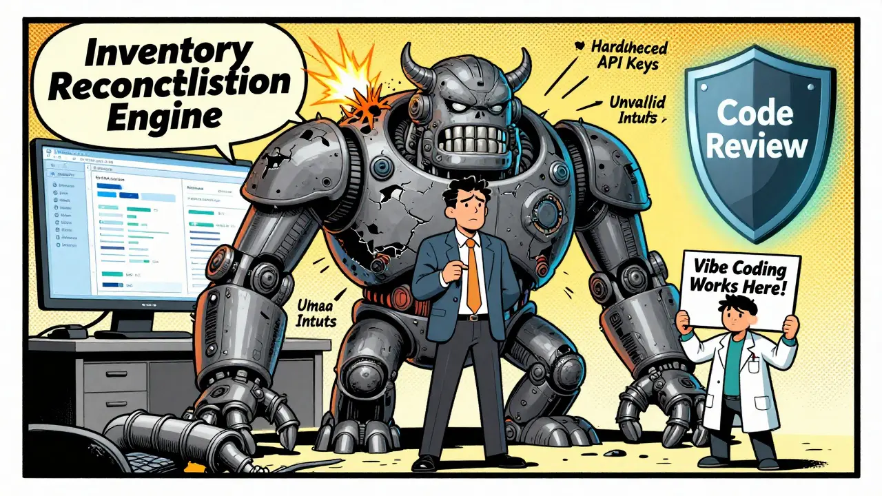 HR manager facing a broken inventory system while a small AI assistant points to a working tool.