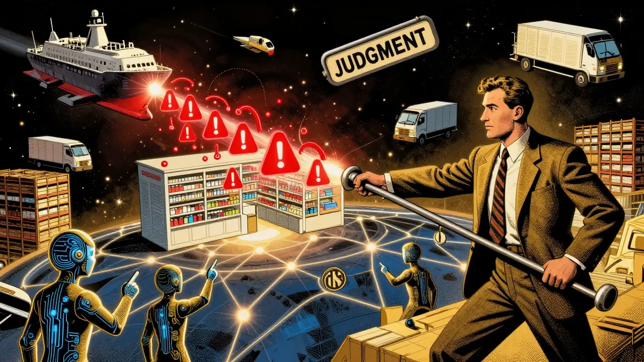 Human planner pulling a judgment lever to redirect AI warnings away from a hospital pharmacy in a digital twin universe.