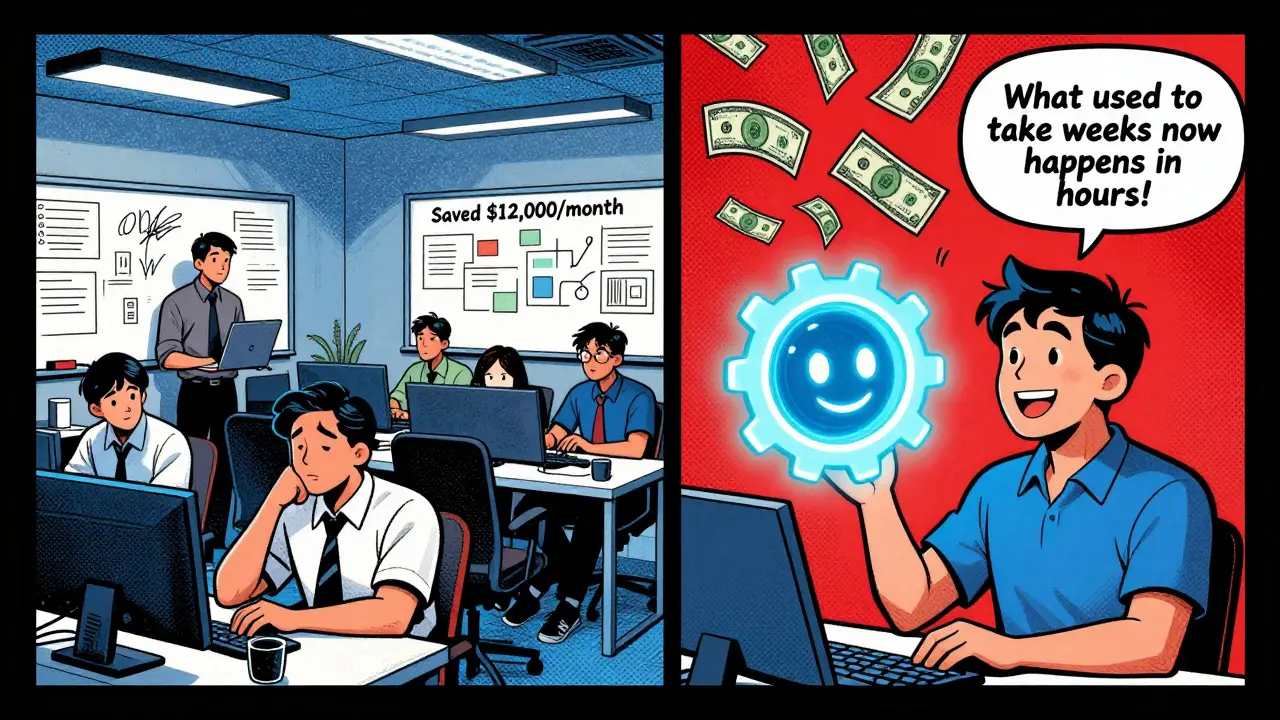 Split scene: tired traditional team vs. one person chatting with AI, money raining down.