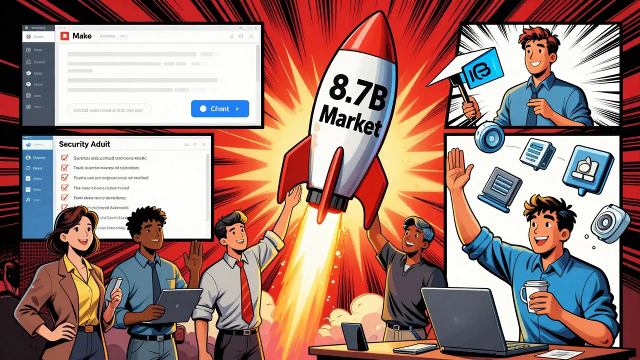 Team celebrating as AI-built tools launch into a market rocket with code review panels around them.