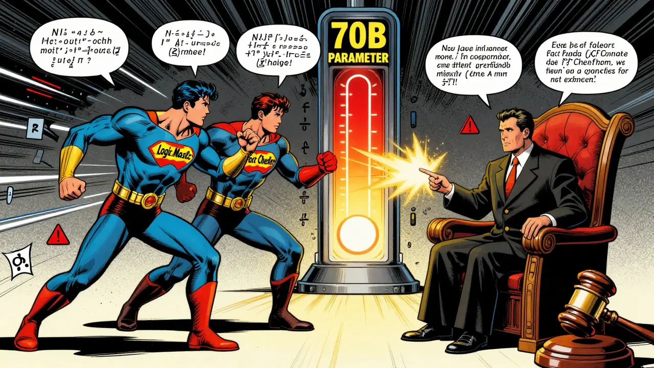 Two AI heroes debating with a judge overseeing their clash of logic and facts.