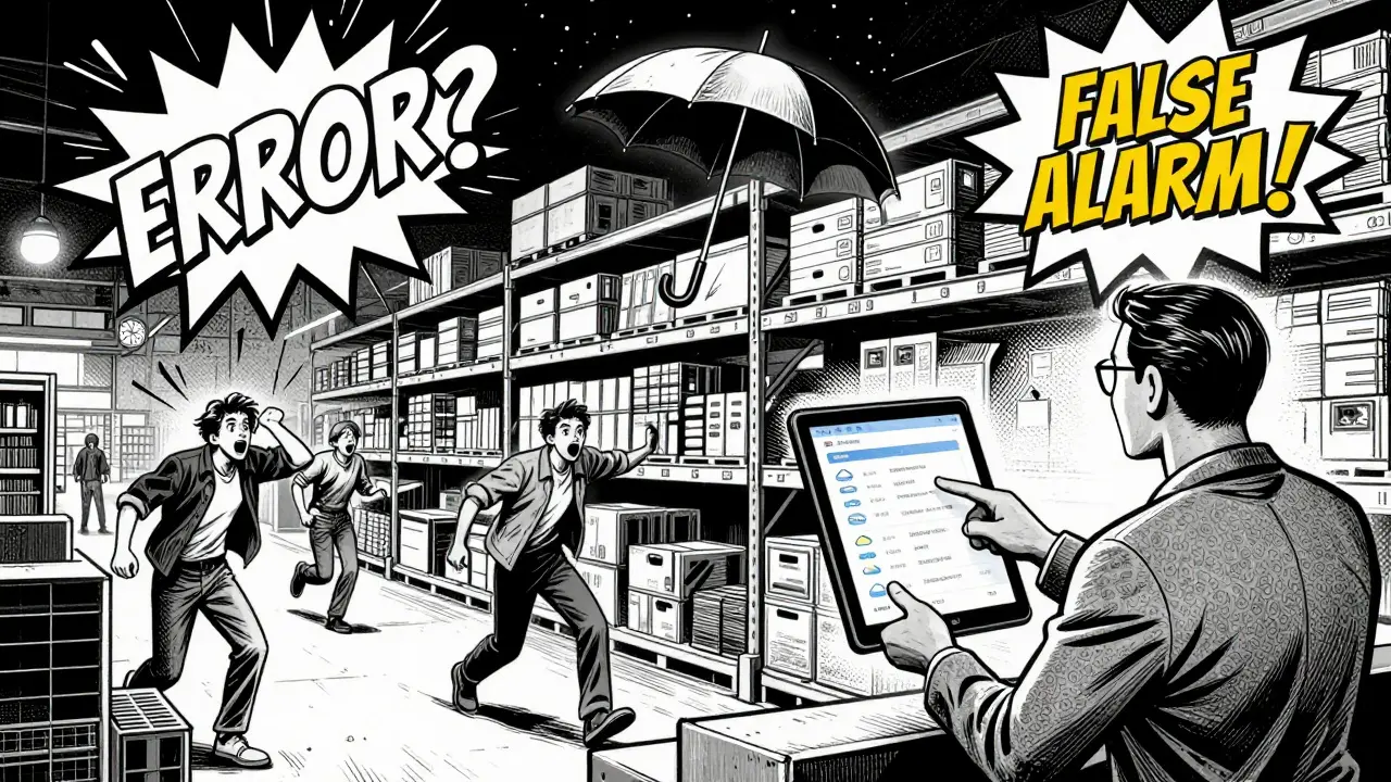 Warehouse scene with an umbrella flying through air as AI flags a false alarm from a weather app error.