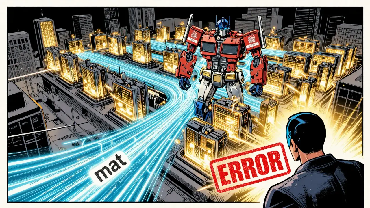 A massive neural network with glowing GPUs processing streams of text, correcting a predicted word.