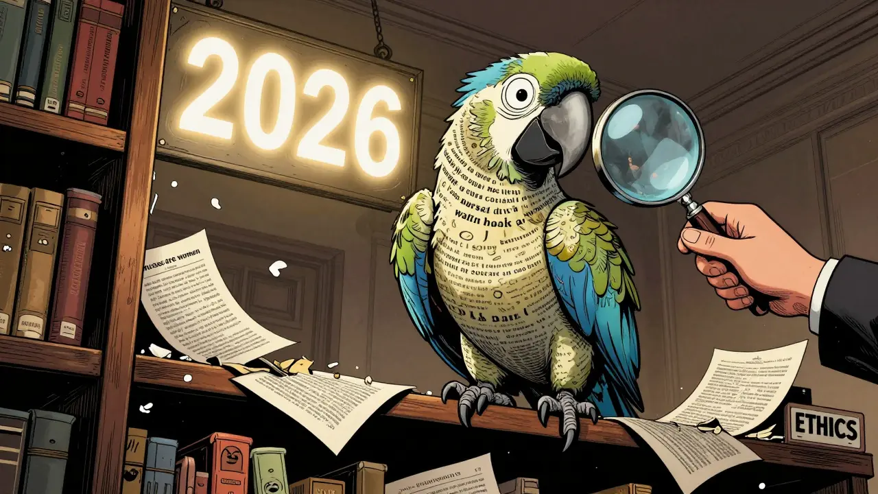 A parrot made of biased text perched on a library of web content, observed by a hand labeled 'ETHICS'.