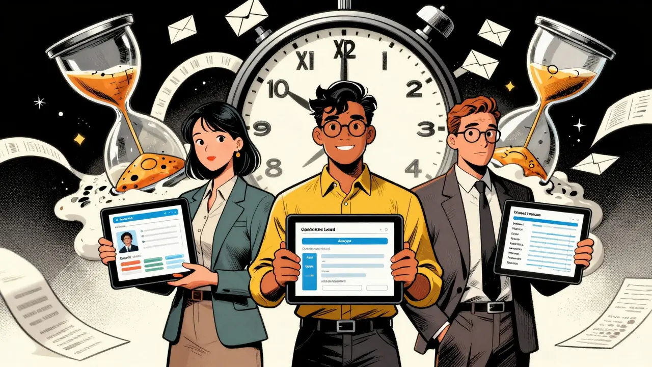Three knowledge workers hold AI-built apps, with melting clocks symbolizing time saved in comic book style.