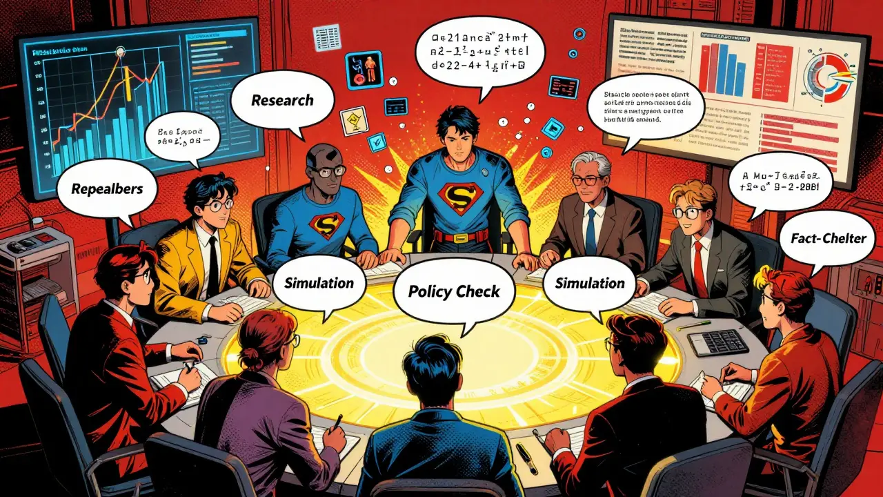 A network of AI agents in a control room, exchanging data through glowing speech bubbles in a chaotic, interconnected web.