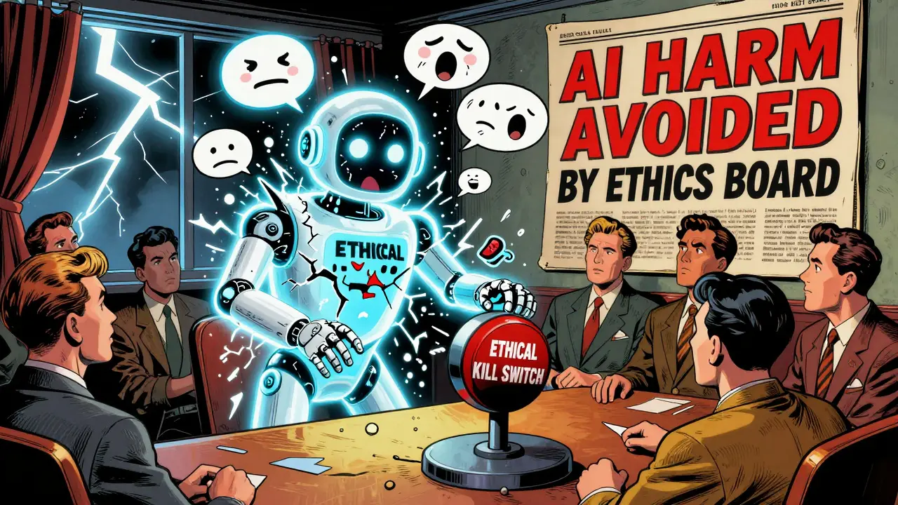 AI system glitching dangerously as board members activate an emergency shutdown lever, with screaming text bubbles and dramatic lighting.