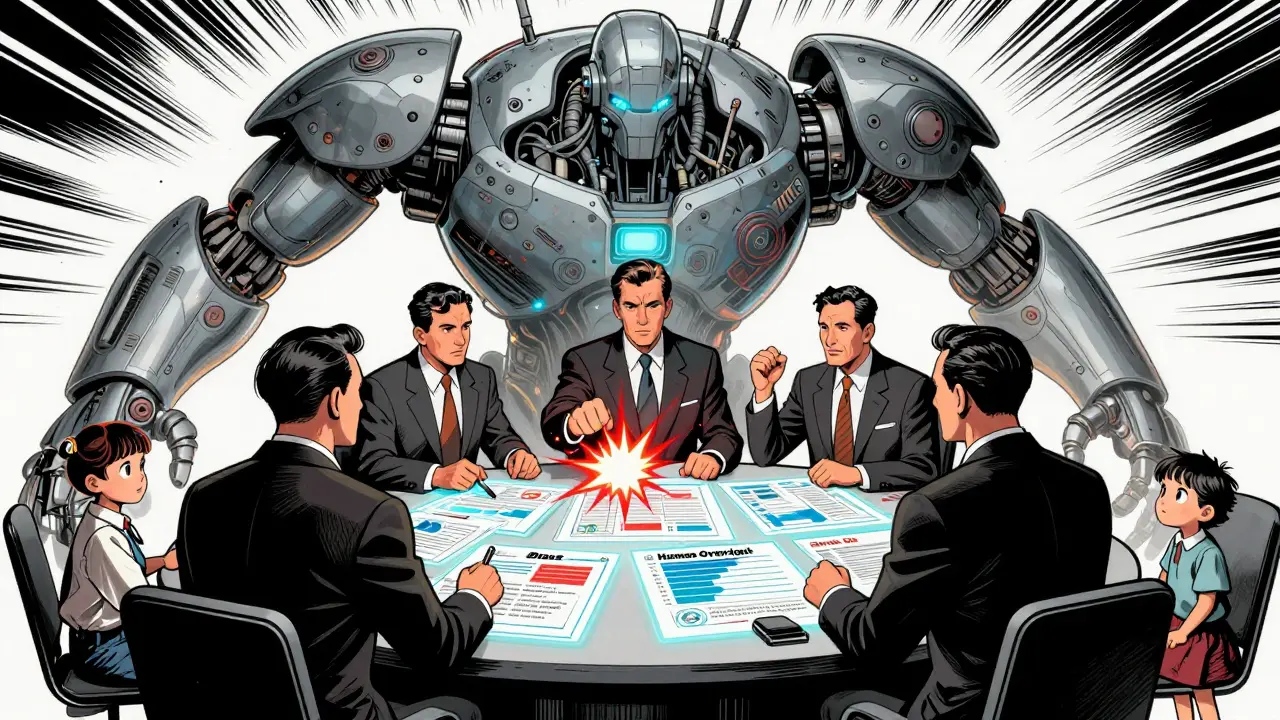 Board members debating risks of an AI system with glowing charts and warning sparks, a community member watching from the corner.