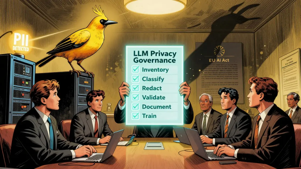 Executives review a privacy governance checklist as a canary bird alerts to detected PII in vintage comic art.