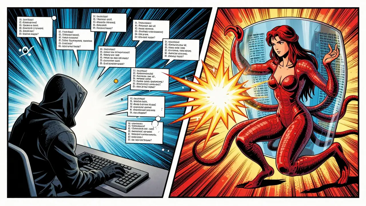 Hacker attacking an LLM while AI redaction and noise shields defend against data extraction in golden age comic style.