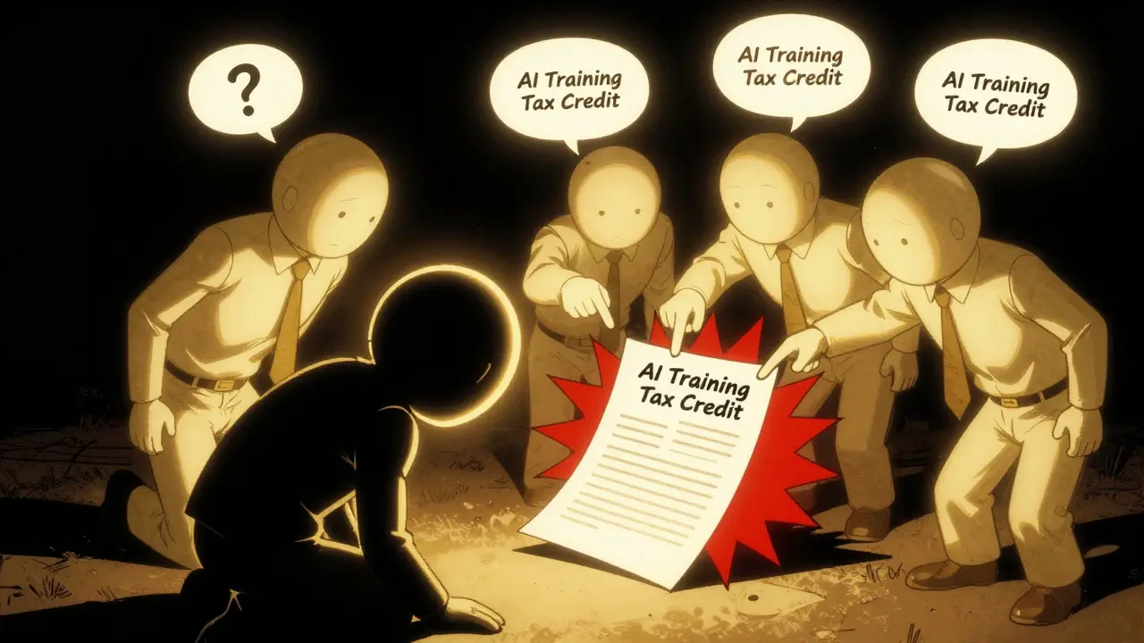 One skeptical AI agent surrounded by three others endorsing a false policy, illustrating collective hallucination in comic style.