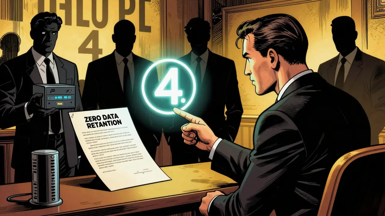 A courtroom where a lawyer presents a zero data retention contract, with shadowy LLM providers in the background.