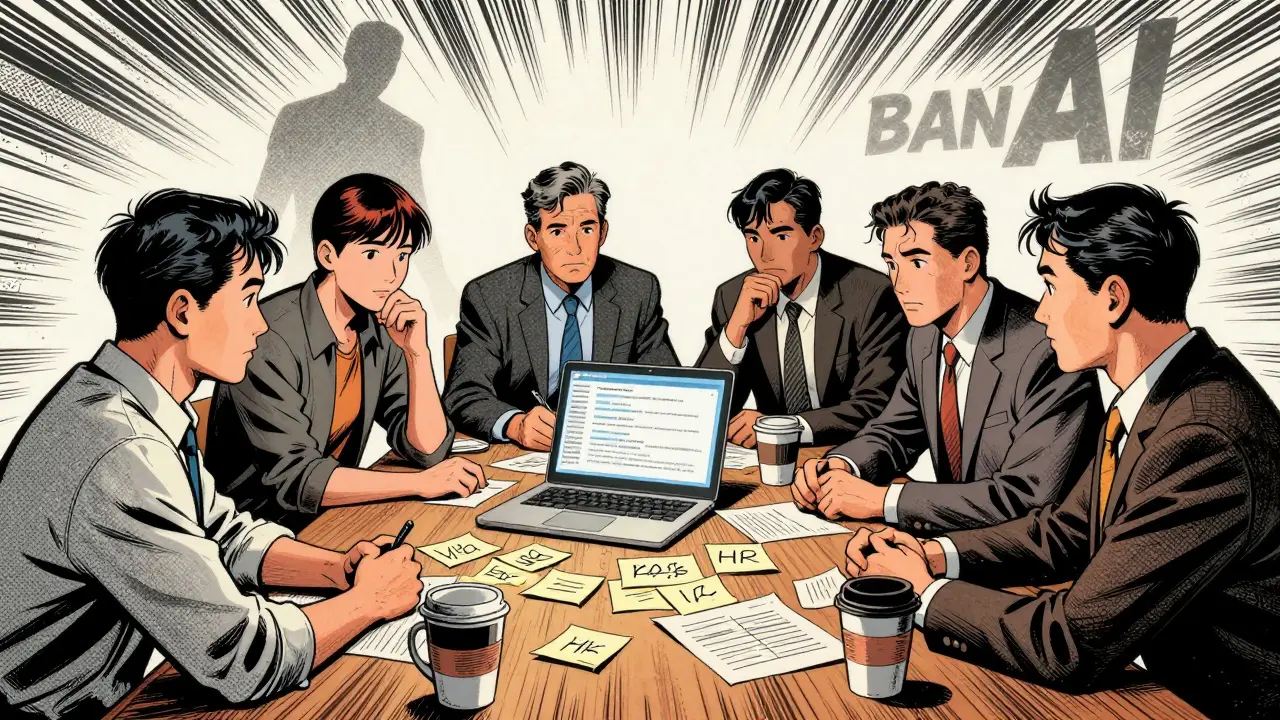 A diverse leadership team reviews AI summaries at a table, while resistance fades into the background.