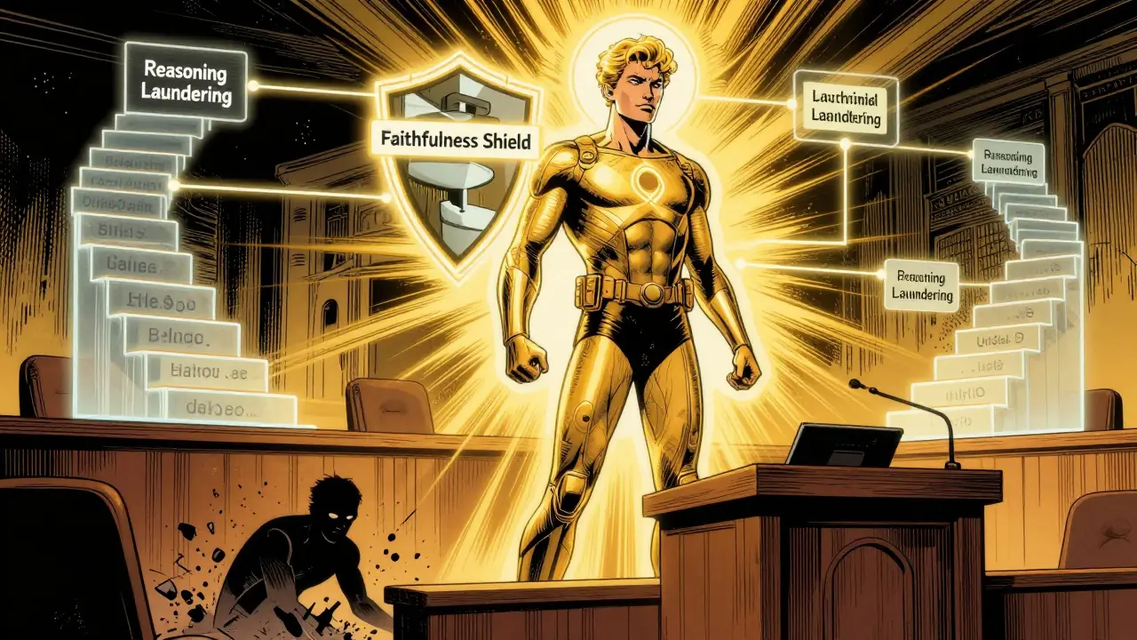 A heroic AI model defending truth with reasoning staircases, defeating deception in golden age comic style.