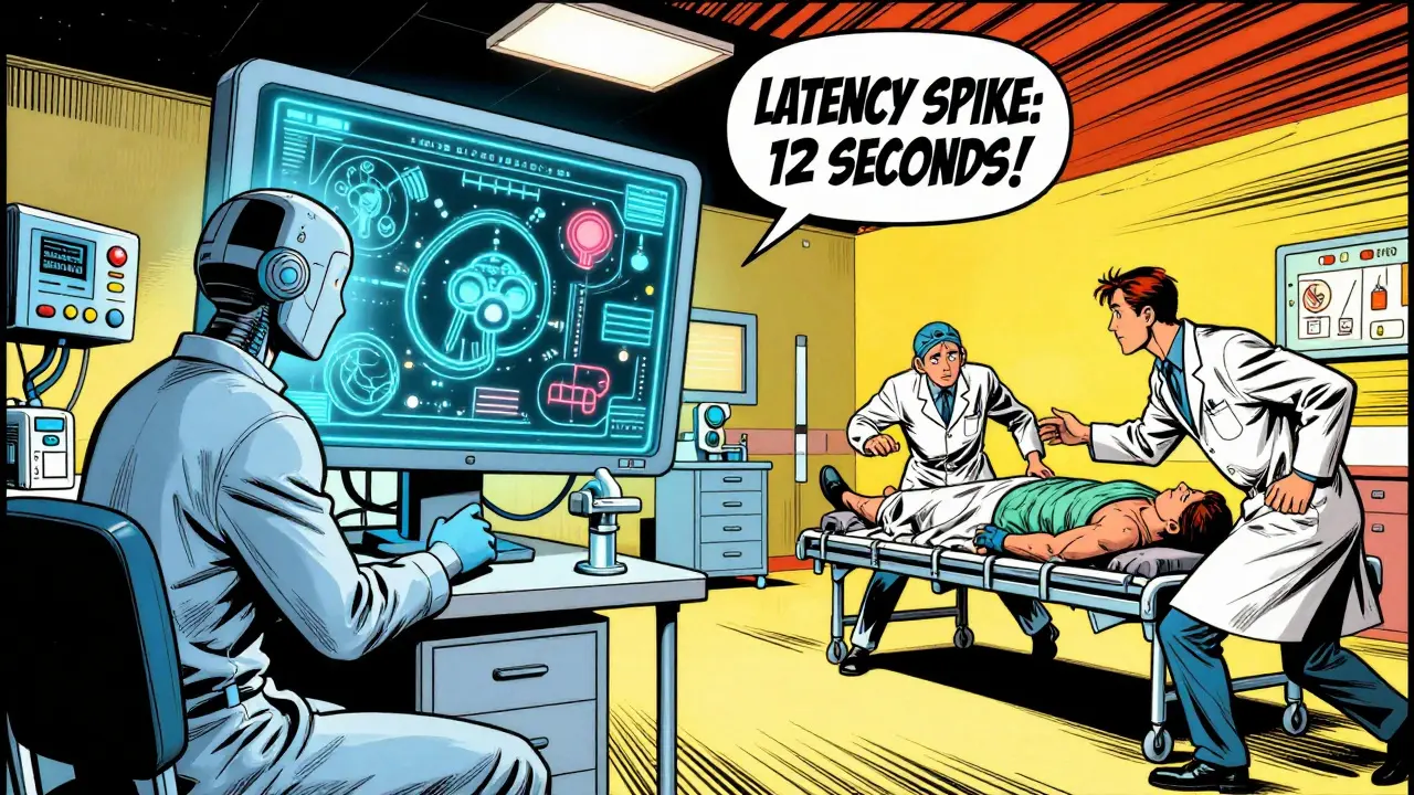 A hospital scene with a frozen AI assistant and doctors rushing as latency spike warning flashes on screen.