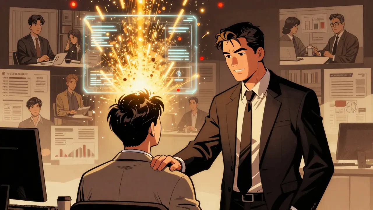 A manager supports an employee as AI dissolves into sparks, revealing human-centered work activities.