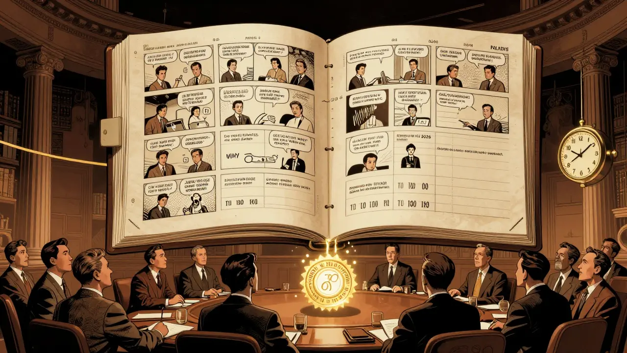 A massive floating audit ledger reveals encrypted LLM interactions as employees watch beneath a NIST seal.