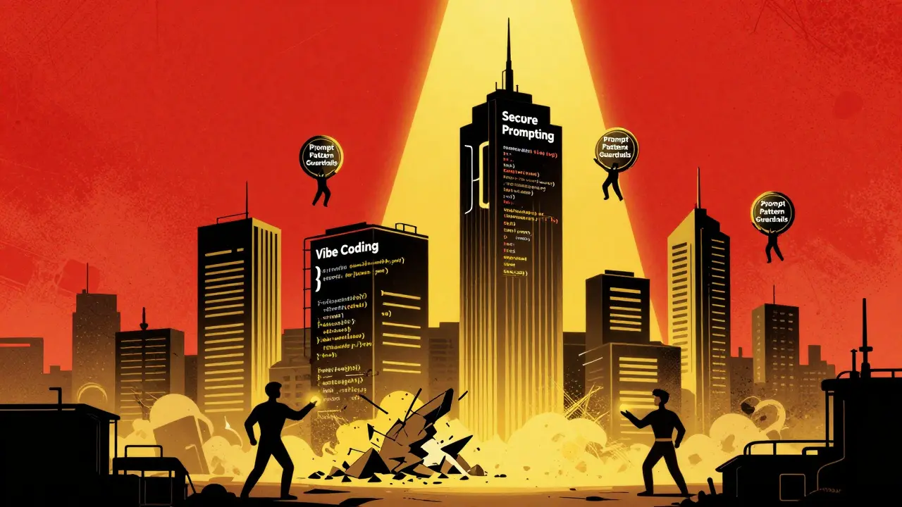 Cityscape where insecure coding building collapses as secure prompting tower rises.