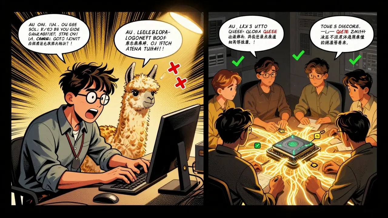 Contrasting panels of chaotic SFT tuning vs. calm QLoRA refinement with glowing reasoning paths.