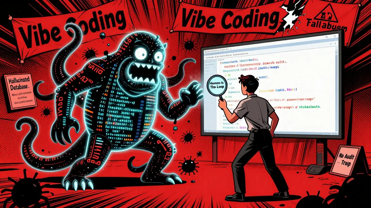 Developer fights a chaotic AI code monster with a magnifying glass labeled 'Human-in-the-Loop'.