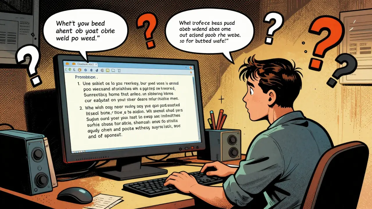 Developer shocked at computer screen showing identical prompts with comma difference yielding wildly different responses.