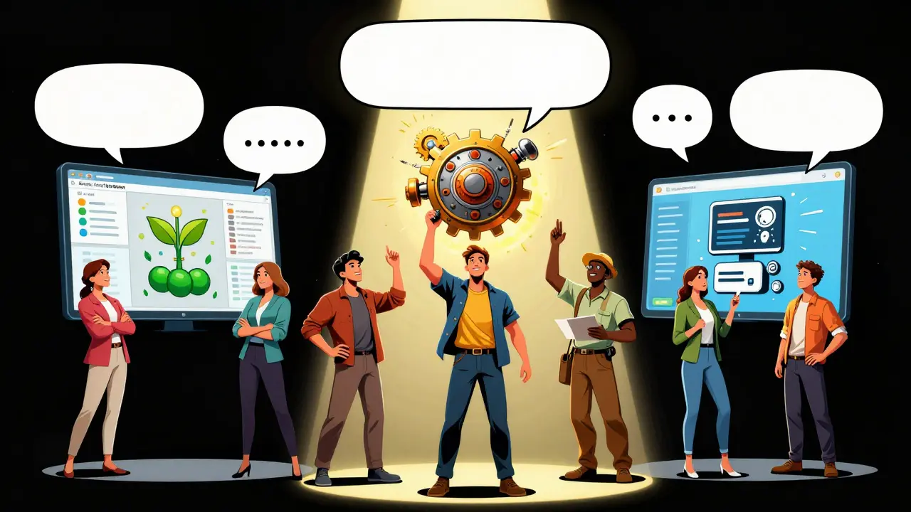 Everyday people stand beside glowing machine learning apps shaped like mechanical devices.