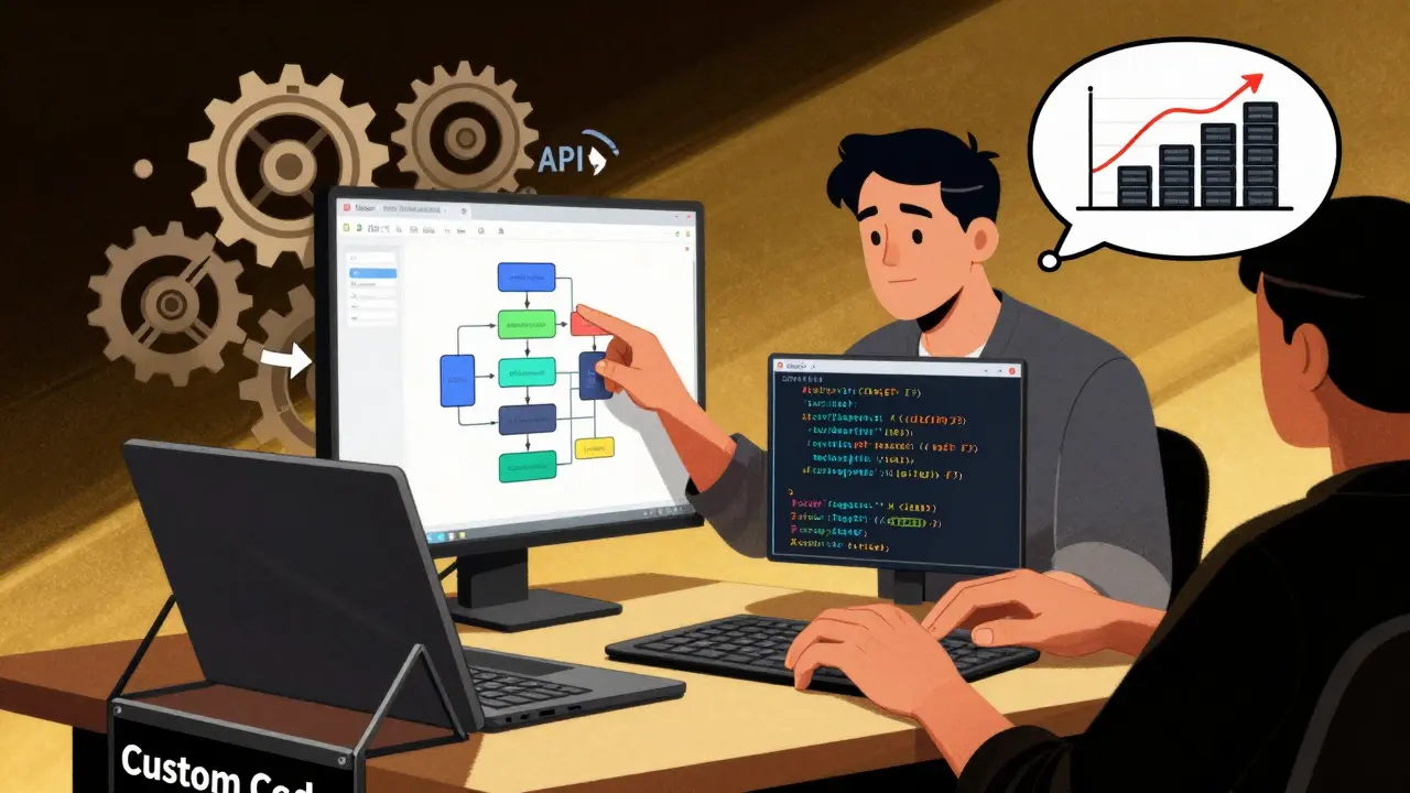 Intermediate developer combining visual workflows with custom code using low-code platform.