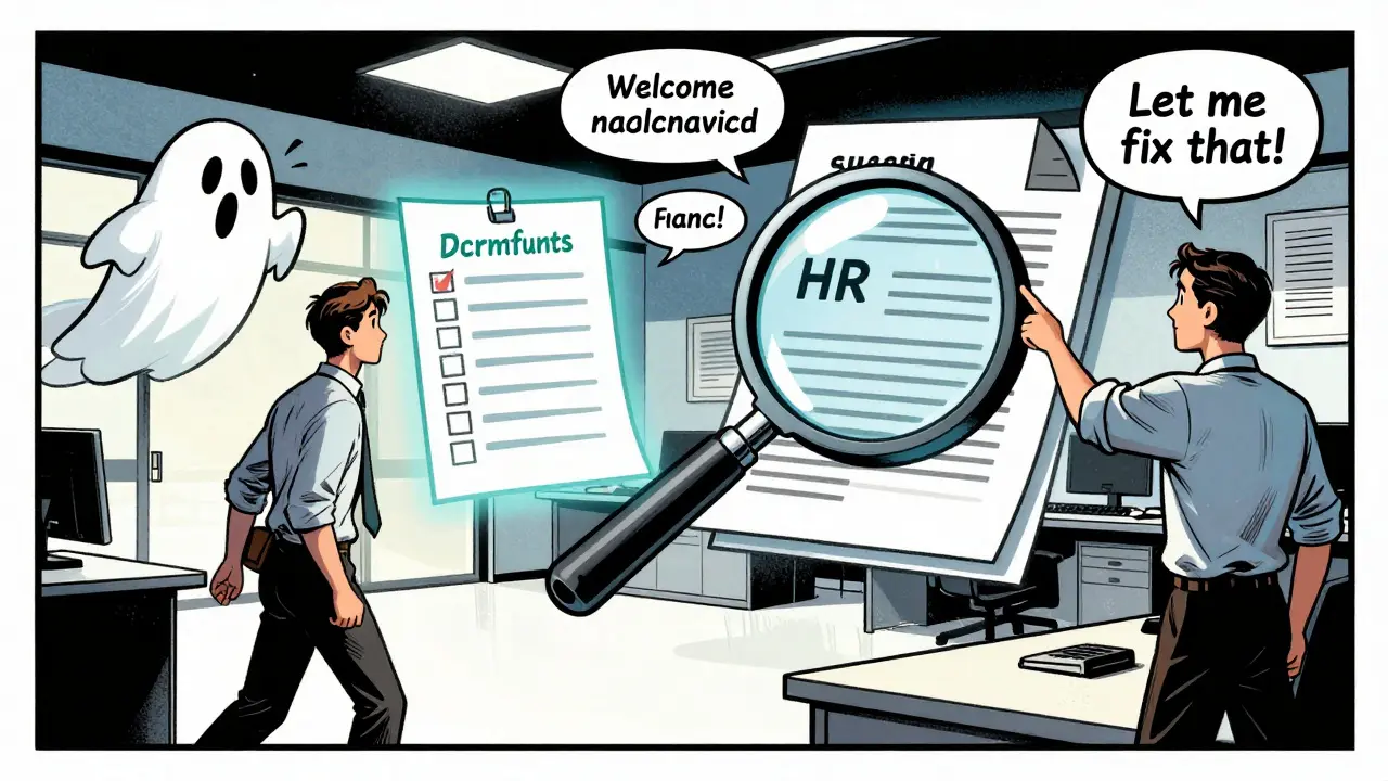 New hire surrounded by floating multilingual onboarding messages, with HR rep correcting an inaccessible document using AI tools.