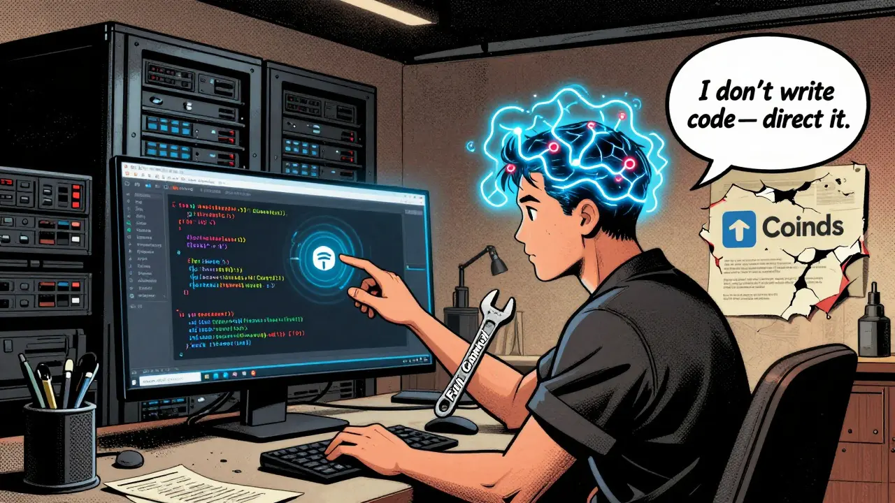 Professional developer guided by AI in IDE, with full system control and server infrastructure in background.