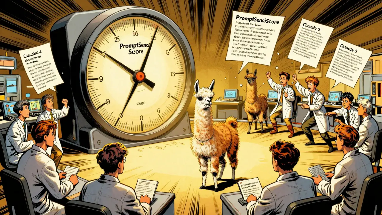 Scientists watching a dial spike to 12.86 as AI models battle, Llama3 calm amid chaos of rephrased prompts.
