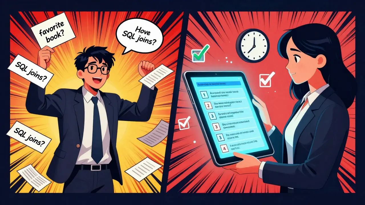 Split scene: chaotic interview questions vs. organized AI-generated guide, showing time saved and clearer hiring process.
