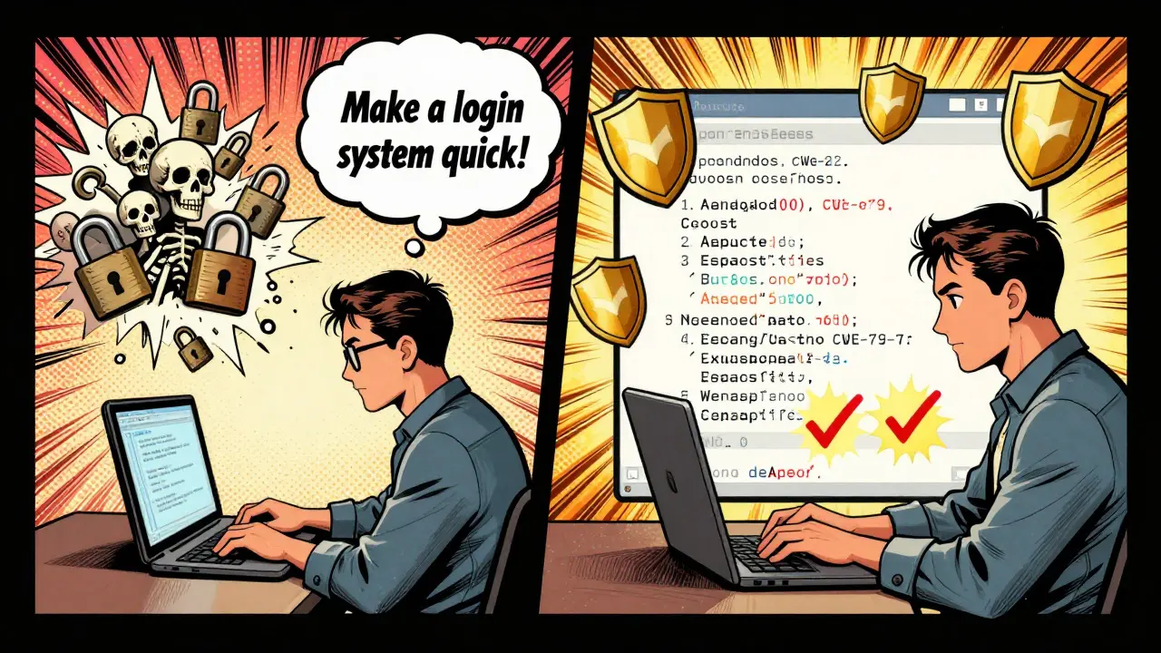 Split scene: vague prompt vs secure prompt with glowing security symbols.