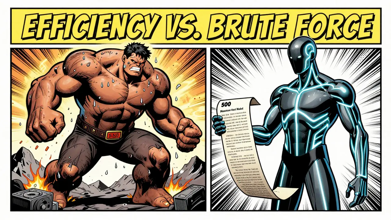 A battle between a massive dense model and a sleek MoE model solving a contract, in classic comic panel format.