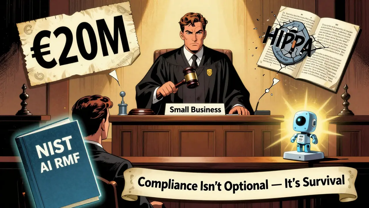 A courtroom scene where a small business faces massive AI compliance fines, while a NIST handbook glows as the path to safety.