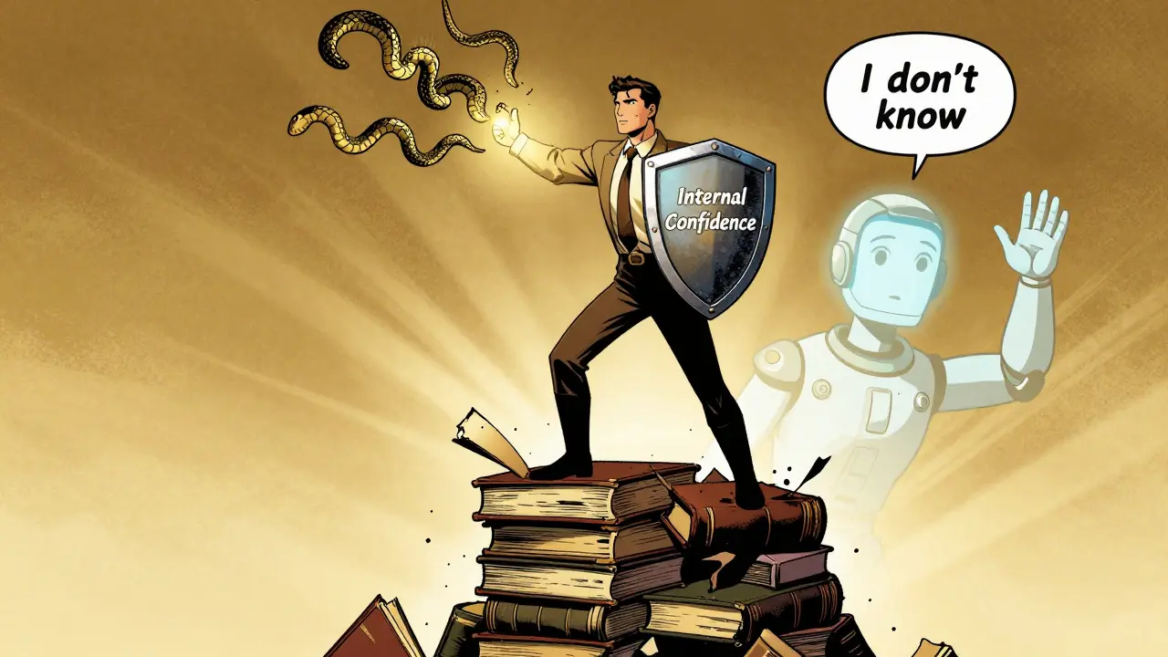 A hero shielding against lies with an 'Internal Confidence' shield while an AI peacefully says 'I don't know' in classic comic style.