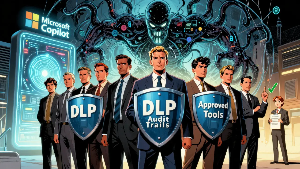 A heroic compliance team blocking a monstrous shadow AI with shields labeled DLP and Audit Trails, while an approved AI tool glows safely behind them.