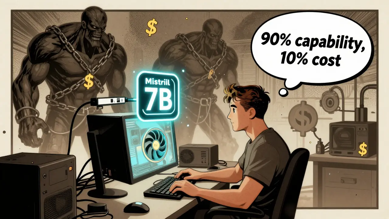 A hobbyist with a small GPU outshining giant, expensive AI models in a 1950s-style comic scene.