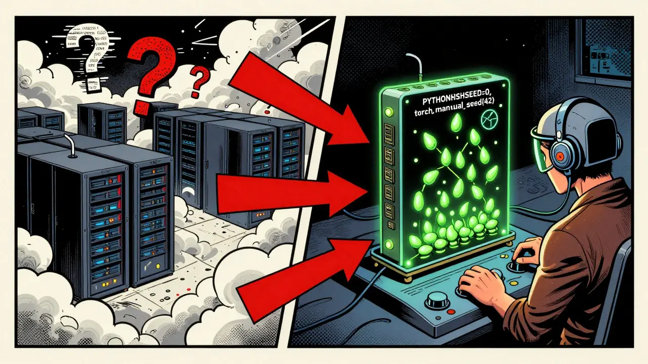 Chaotic cloud servers contrasted with a stable GPU anchored by deterministic seeds in a dark room.