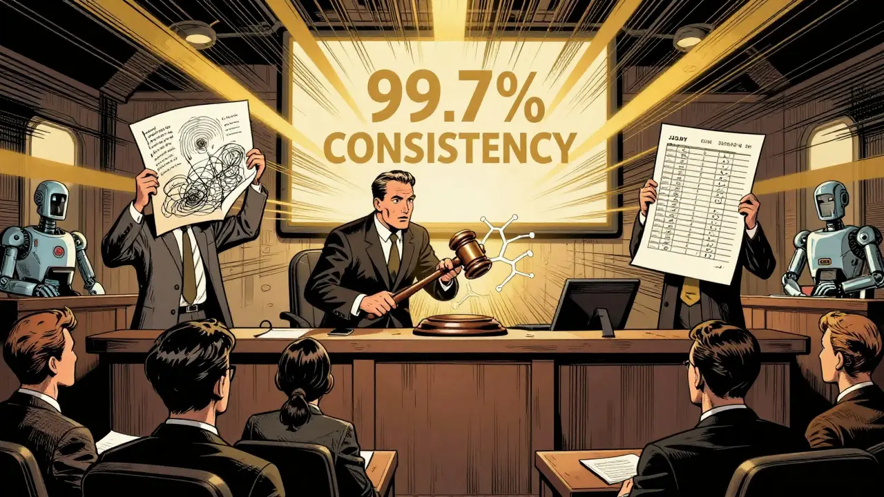 Courtroom scene with judge gaveling a neural network as consistent AI output triumphs over chaos.