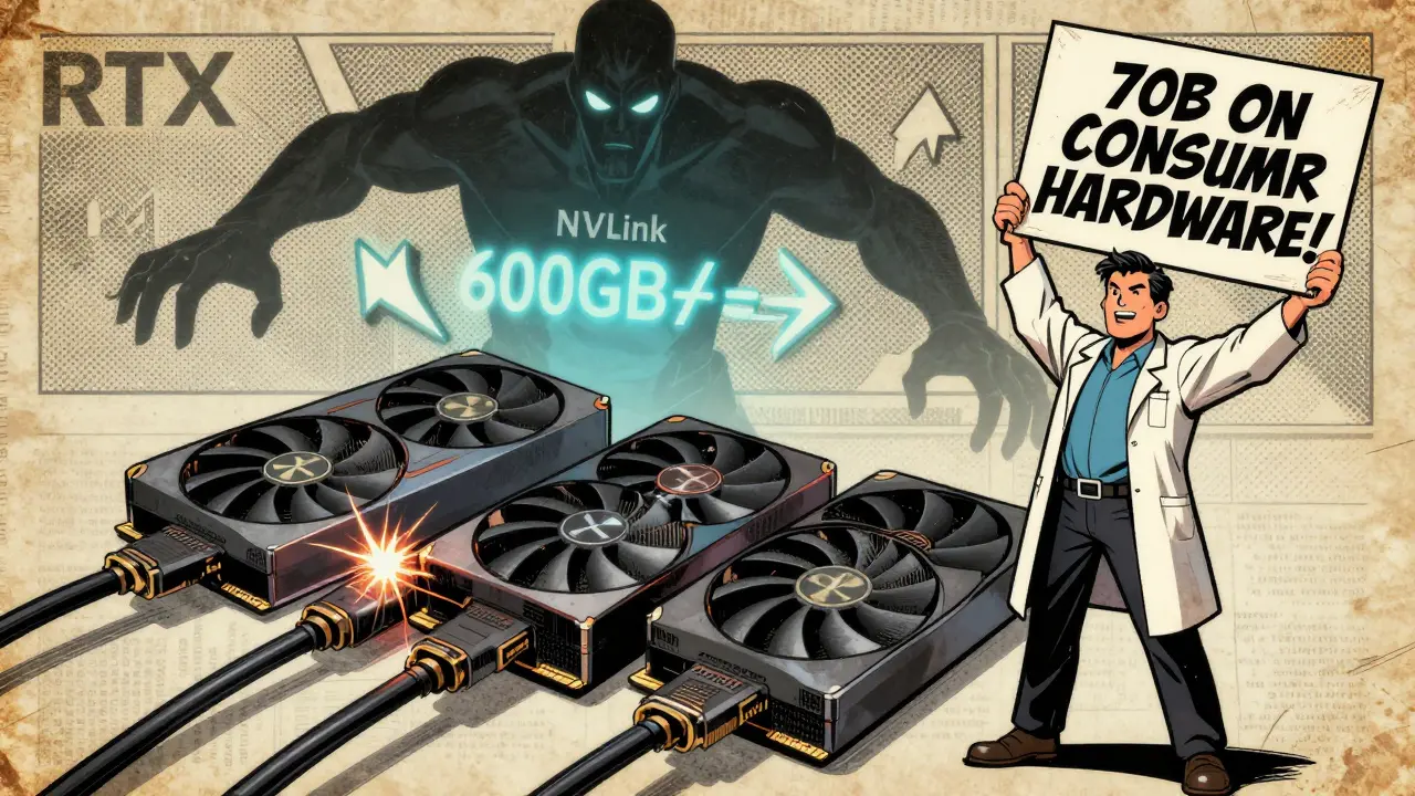 Four RTX 4090 GPUs connected by sparking PCIe cables, with an engineer celebrating and NVLink looming in background.