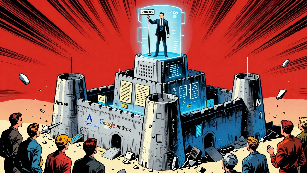 Hybrid AI fortress with commercial, boosted, and built components, topped by a strategic lever.