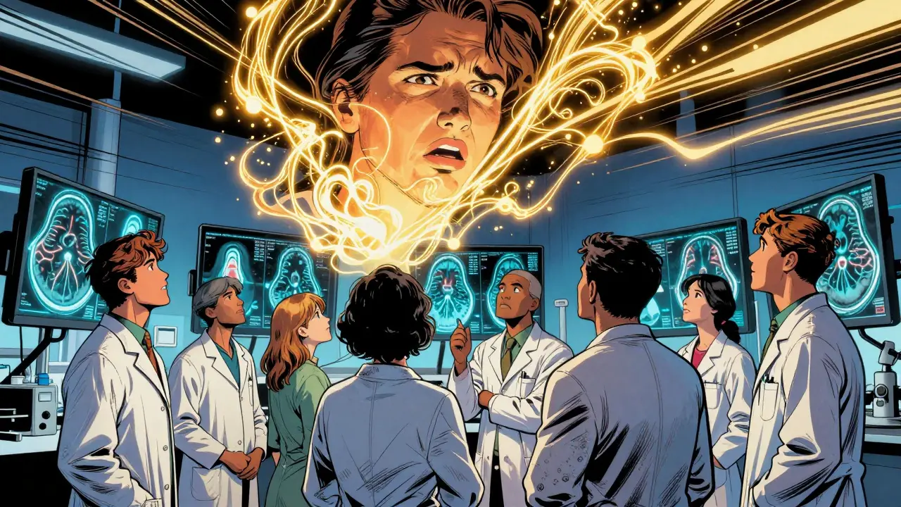 International researchers observing neural patterns on fMRI screens during precognition experiments.