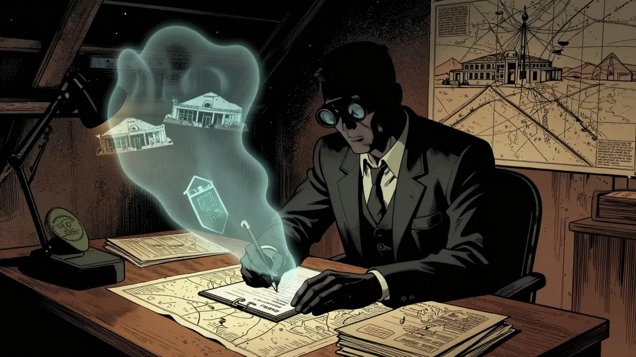 Remote viewer in a Cold War bunker sketching hidden military sites with ghostly images above.