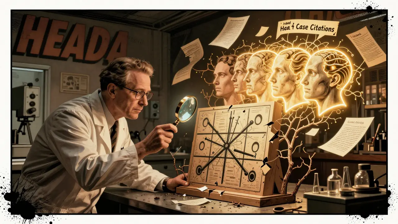 Scientist pruning redundant neural heads while one key head glows gold, illuminating legal documents.