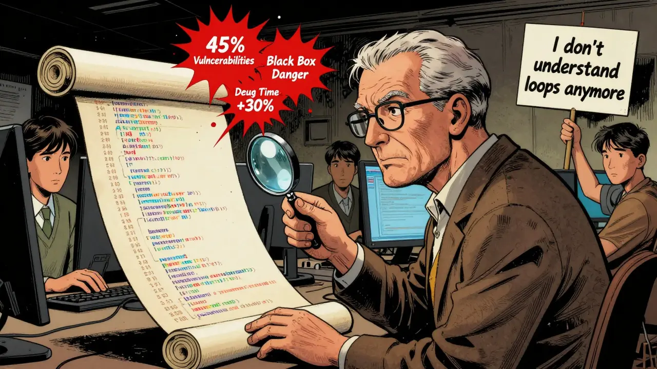 Senior developer inspecting dangerous AI code with warnings exploding, juniors looking confused.